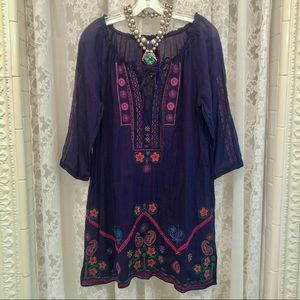 JOHNNY WAS * Indigo Embroidered Peasant/Boho Style Dress